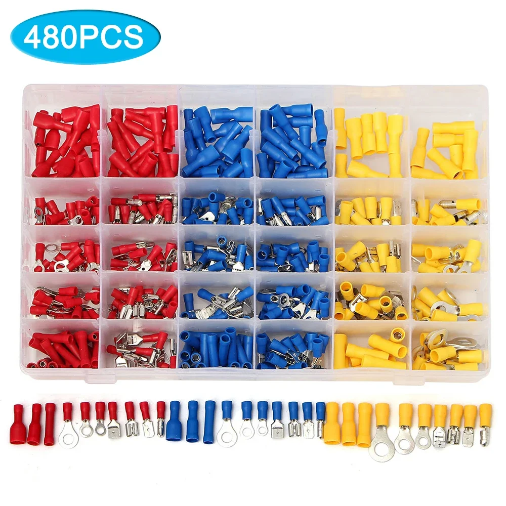 480PCS Wire Connector Insulated Electrical Crimp Terminals Ring Lug Spade Butt Fork Bullet Connector Male Female Cable Terminal