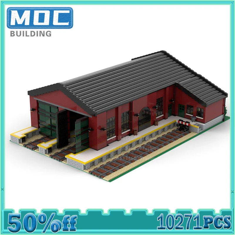 MOC Building Blocks City Locomotive Architecture Engine House Model DIY Assembly Technology Bricks Collection Birthday Gift Toys