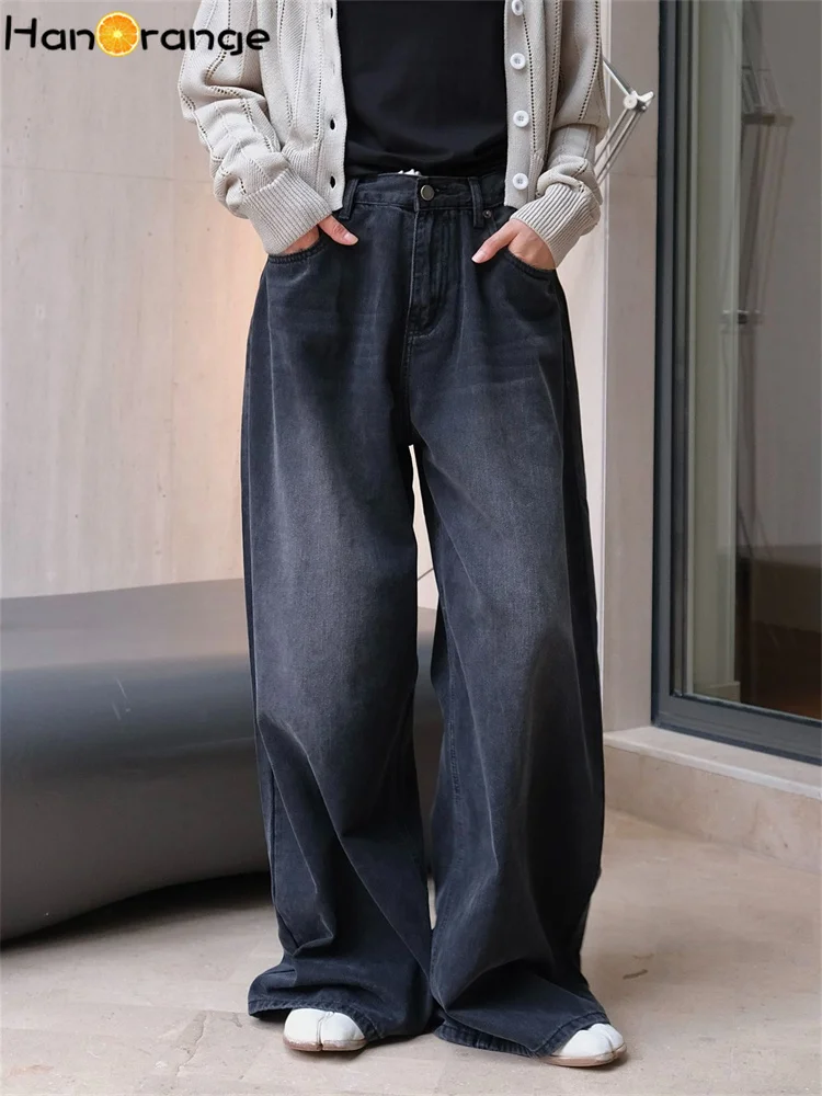 

HanOrange 2024 Autumn Retro Washed Black Gray Wide Leg Jeans Women Loose Casual Cotton Denim Pants Black