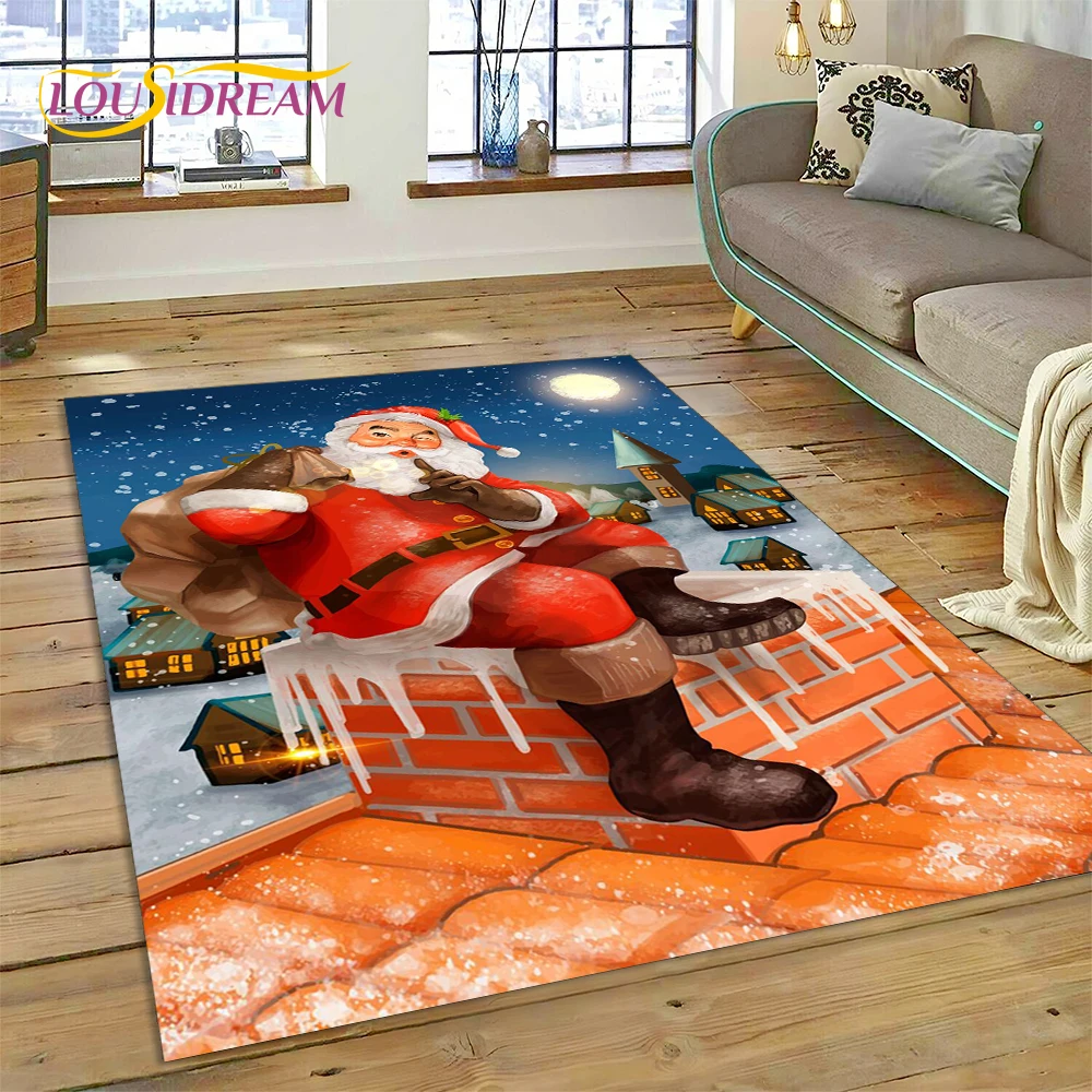 3D Merry Christmas Tree Santa Claus Cartoon Area Rug Large,Carpet for Home Living Room Sofa Doormat Decor,kid Non-slip Floor Mat