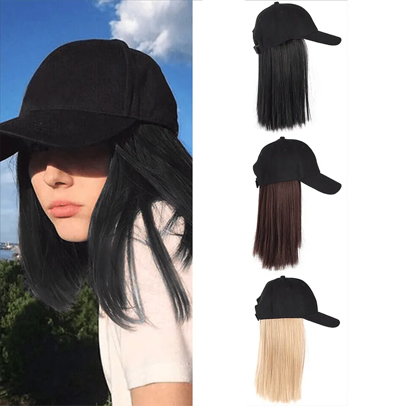 짧은 직모 모자 가발 야구 모자 조절 가능 블랙 브라운 가발, 여성용