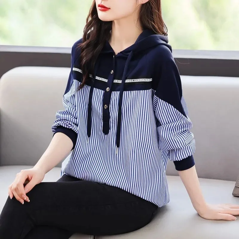 Casual Hooded Sweater Stitching Striped Shirt Woman Spring Summer 2024 New Fashion Be All-Match Loose And Comfortable Blouse