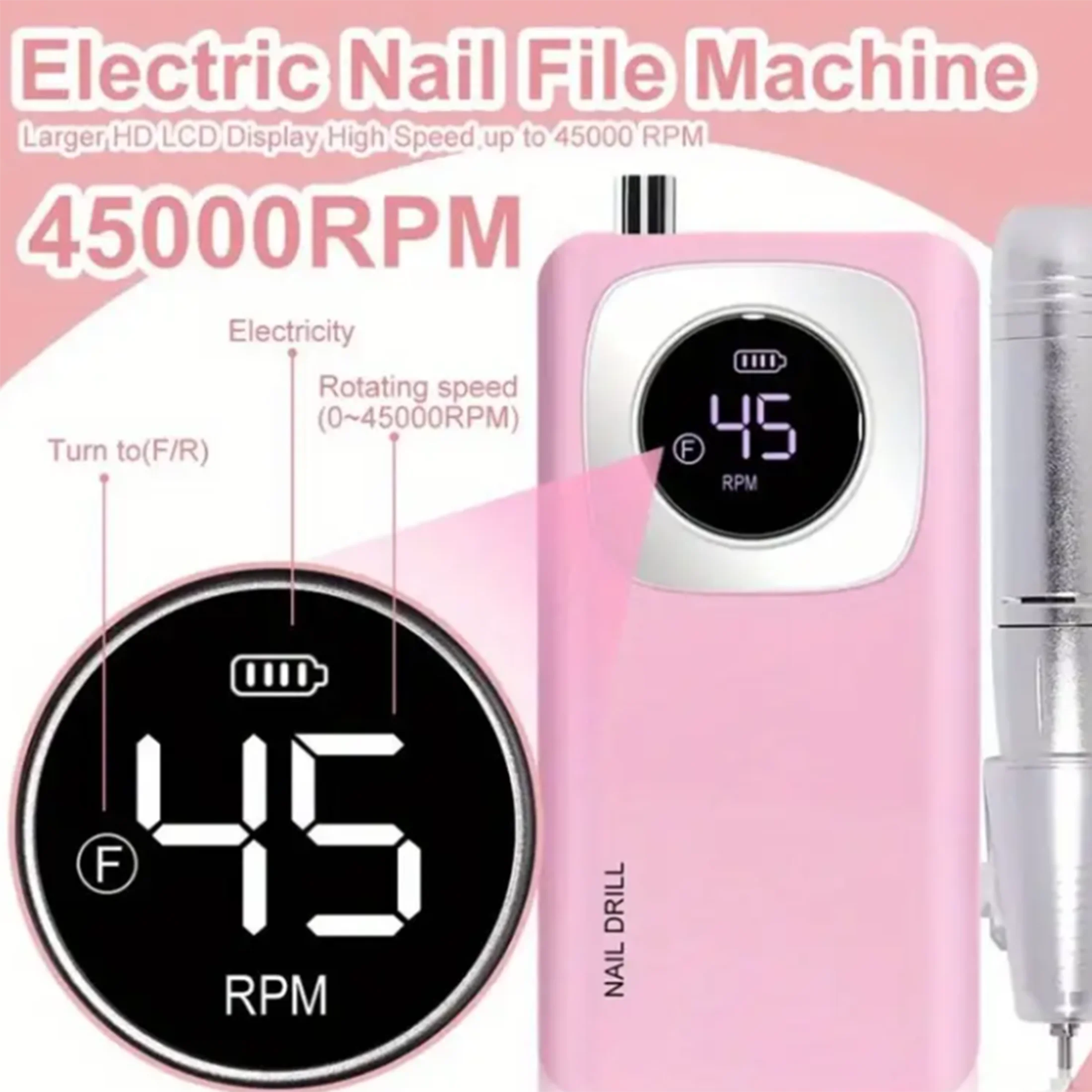 

1set-Portable Nail Drill Electric File 45000RPM Professional Rechargeable Nail Sander Cordless Nail Drill for Acrylic Nails Remo