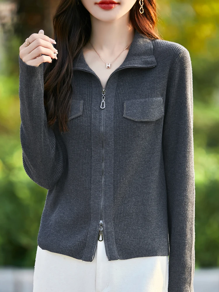 

Women's Long Sleeve Knitted Open Cardigan Autumn Winter New Style Double Zipper Stand Collar Versatile Outerwear Soft Casual ...