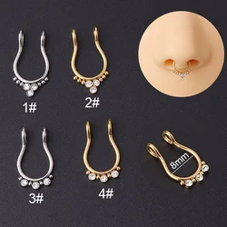 1pc Zircon Clip on Nose Ring Fake Piercing Hoop Septum Ring Stainless Steel Non Pierced Punk Earring for Women Men Body Jewelry