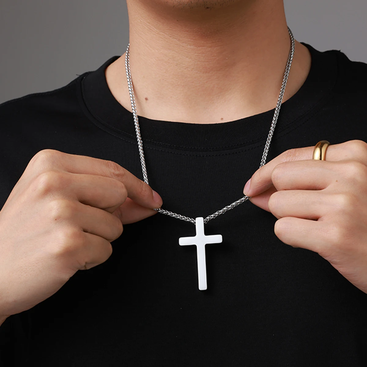Vintage Steel Color Men Necklace Hypoallergenic Stainless Steel 59CM Long Wheat Chain Geometric Cross Pendant Necklaces Gift