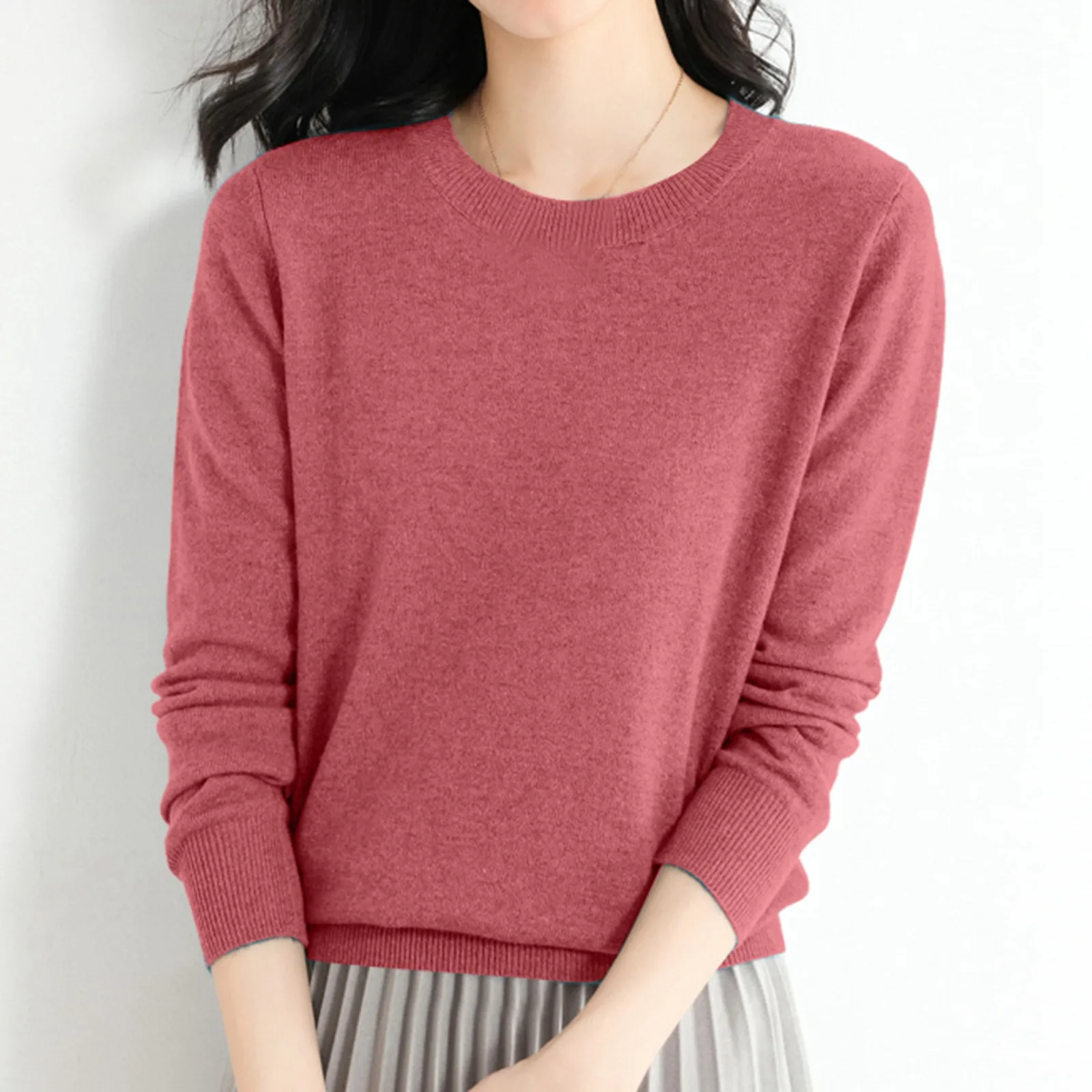 Sweater wol wanita lengan panjang, Sweater Wool rajut longgar leher bulat, Sweater lengan panjang wanita, Pullover warna Solid nyaman, Sweater Wool wanita