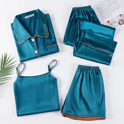 4 Pieces Pajamas Set for Women Sexy Lingerie Satin Sleepwear Silk Shorts Set Spring Summer Lapel Shirts Long Pants Pajamas Robe