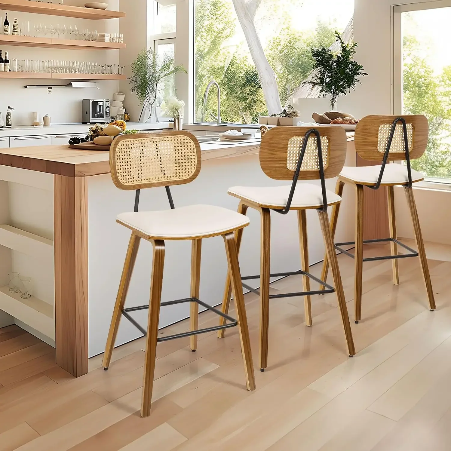 

Counter Height Bar Stools Set of 3, Mid Century Modern Counter Stools, 26" Wood Kitchen PU Leather Upholstered , Cream White