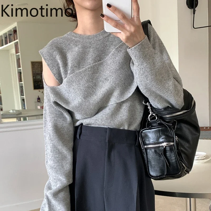 

Kimotimo Design Pullover Sweater Women Autumn O-neck Off-shoulder Patchwork Fake Two Top Korean Chic Long Sleeve Knit Sweaters