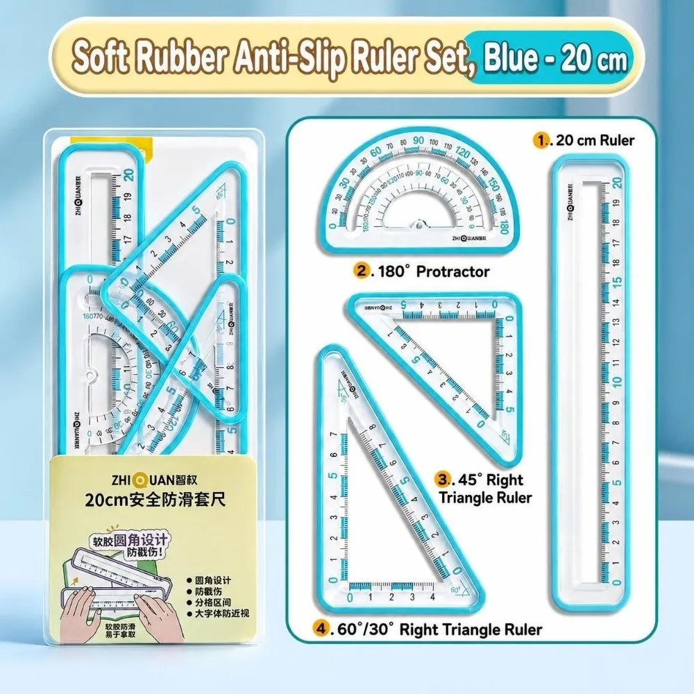 4Pcs Plastic Ruler Set Soft Wrapped Edge Math Drawing Stationery Geometry Ruler Kit Non-Slip Drawing Measuring Ruler Student