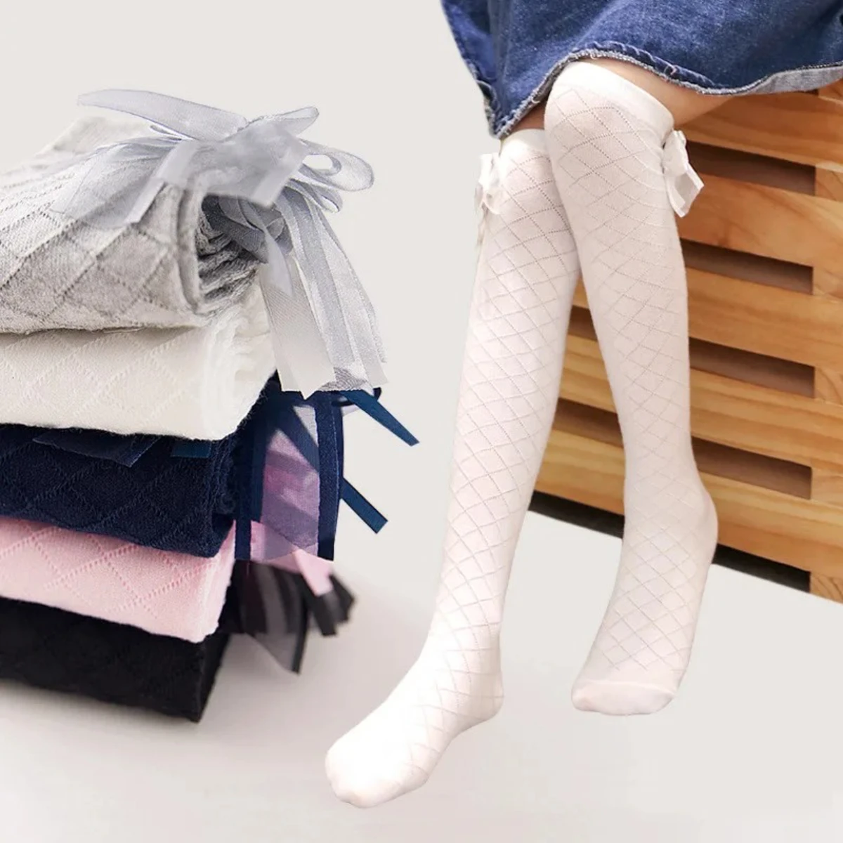Christmas gift Children's Stockings Summer Thin Style Pure Cotton Mesh Mosquito Socks Bow Princess Girls Over-Knee High Stocking