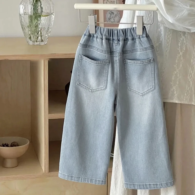 Girls' Bow Tie Jeans, Spring Embroidery, Loose and Fashionable Style, Children's All-Match Casual Pants