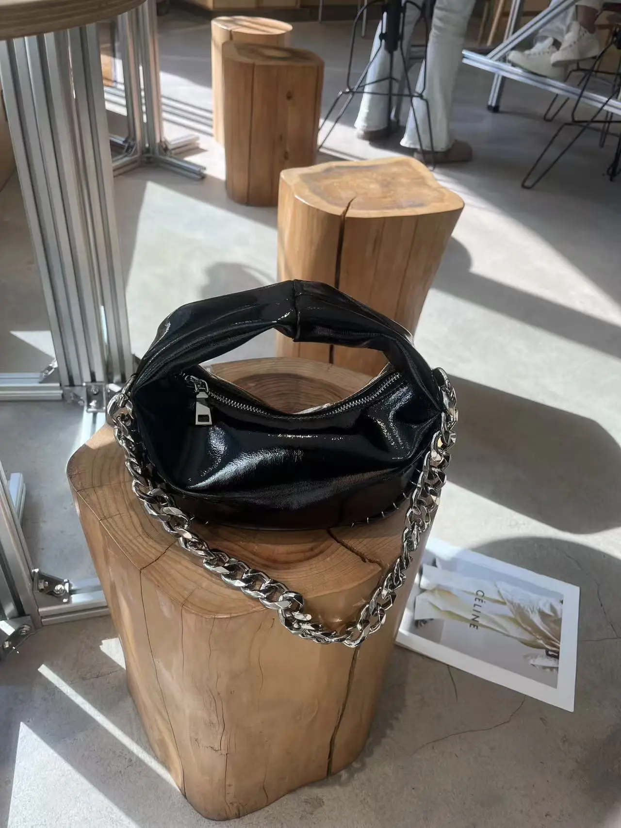 

FIRMRANCH Black Bright Patent Leather Thick Chain Design Heavy Craftsmanship Woven Moon Bag Cool Girl Shoulder Crossbody Purse