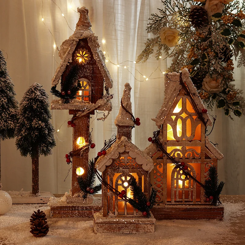 Funny Wooden Crafts Mini House Kit Ornaments with LED Light, New Year Decorations Centerpieces for Dining Room Tables