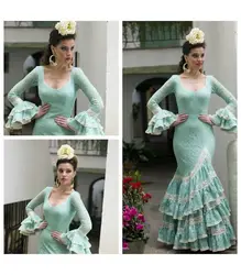 Mint Green Mermaid Prom Occasion Dresses with Long Sleeve Ruffles Lace Trajes de Flamenca Dancing Spain Evening Gown