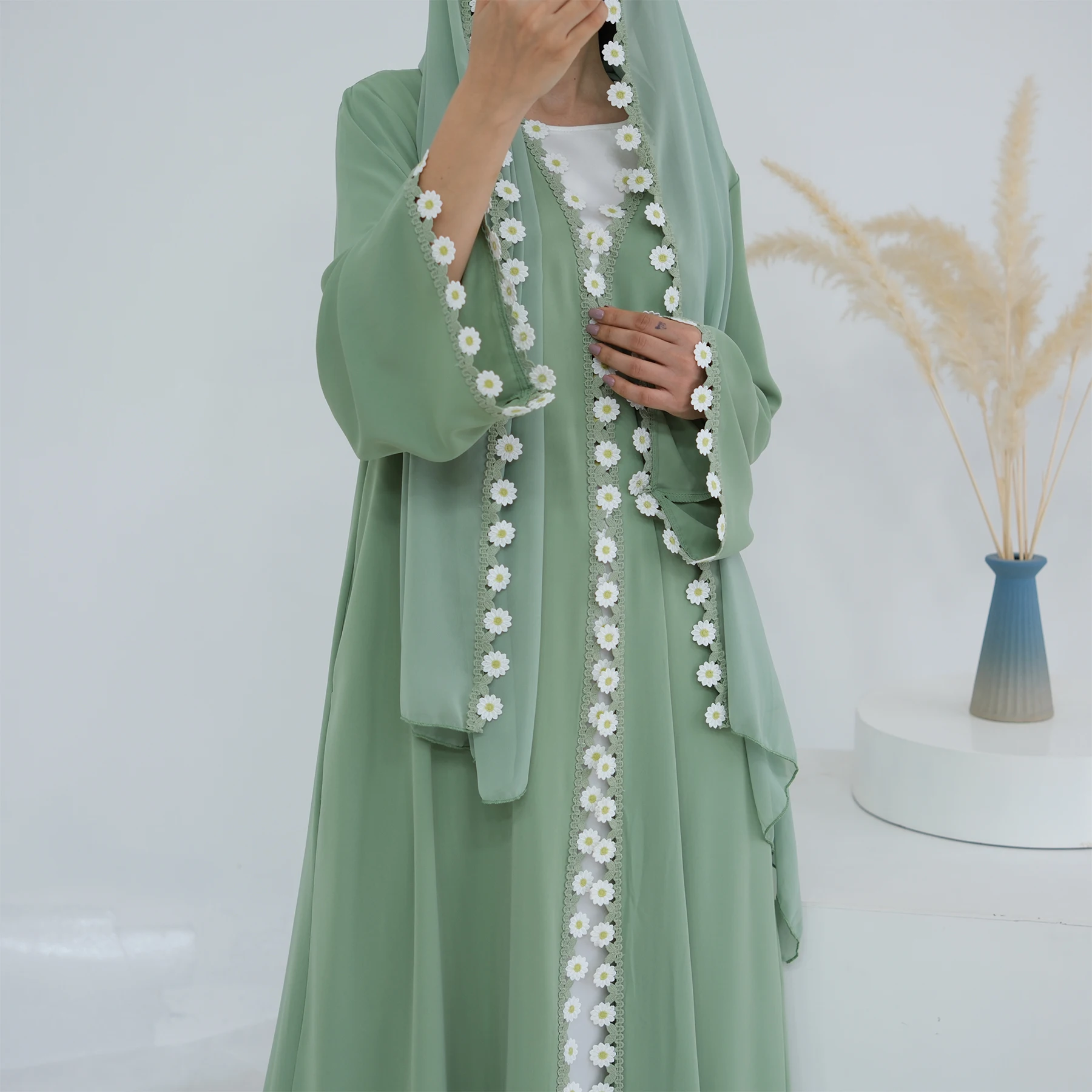 2025 floral renda abaya com cachecol atacado turco roupas islâmicas dubai elegante cardigan com hijab abaya feminino aberto abaya