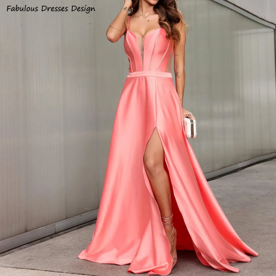 

Коралловые длинные платья подружки невесты трапециевидной формы с карманами и прозрачным v-образным вырезом на шнуровке с разрезом на спине, свадебное платье на бретельках, платье для выпускного вечера