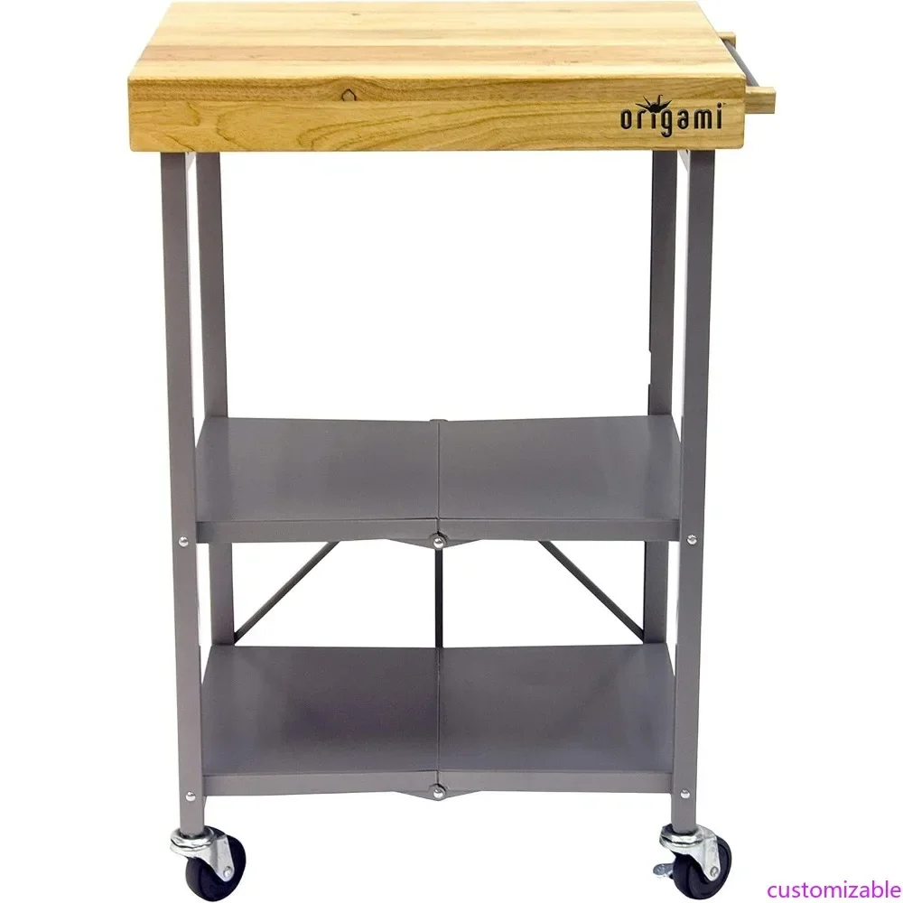 

Folding Kitchen Island Cart with Rolling Storage and Silver Finish