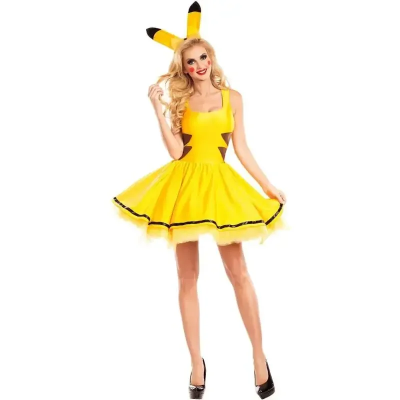 Anime Cosplay Pikachu Ärmelloses Kleid mit Stirnband Halloween Maskerade Karneval Party Kostüm für Frauen Sexy Kleid Bühne Perf