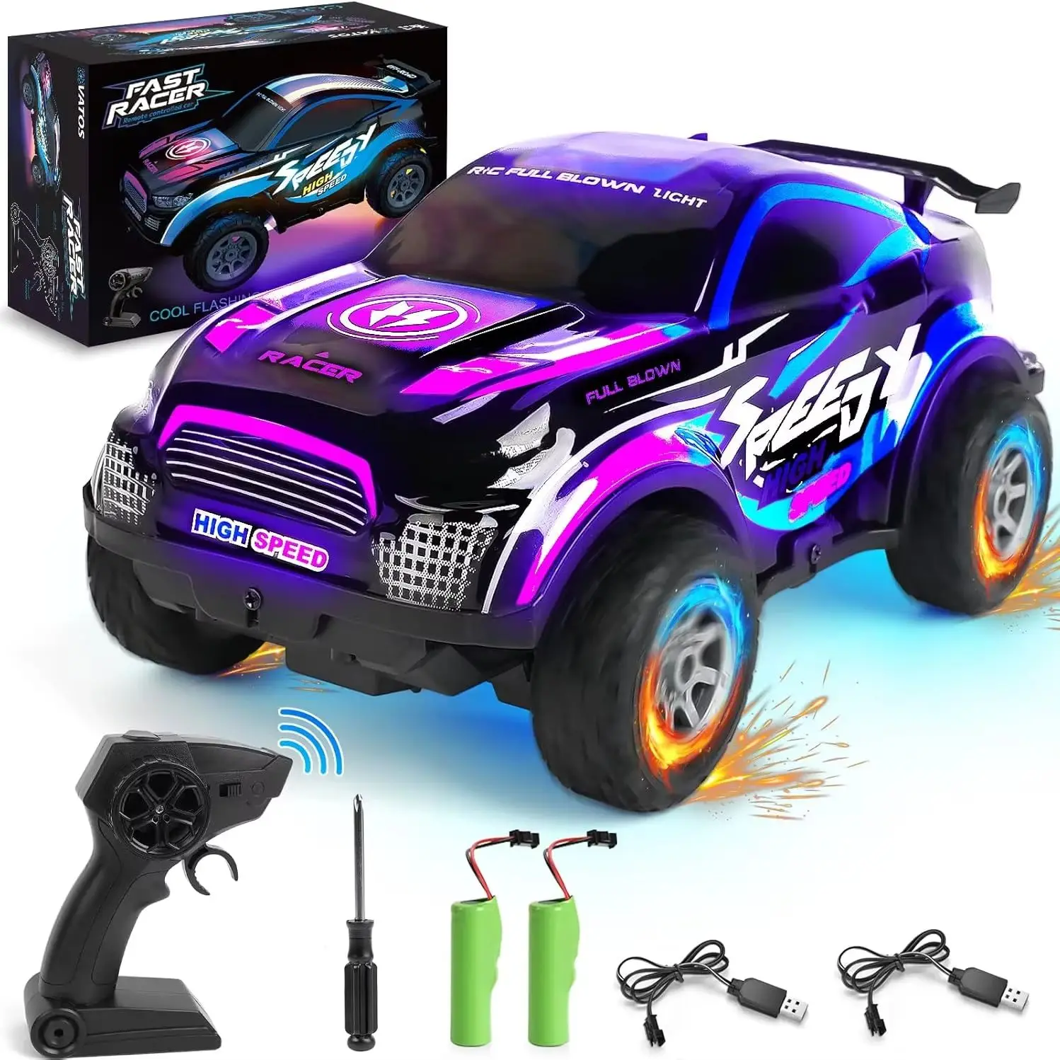 VATOS 15km/h Fast 2.4Ghz RC Car for Kids Remote Control Off-Road Rechargeable 50min Play Light-up Cars Toy Vehicle Gift for Boys