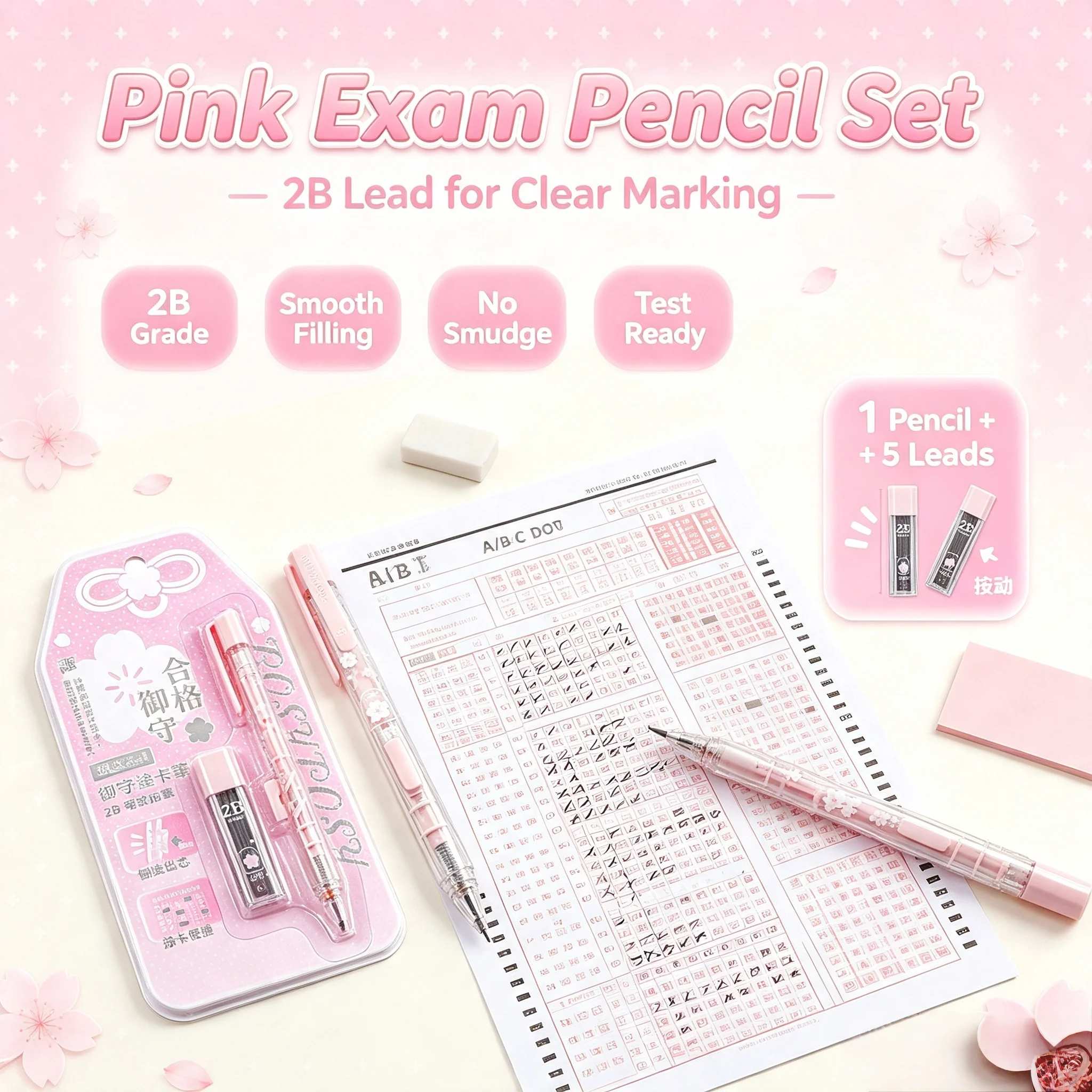 Lucky Omamori Exam Pencil Set Kawaii Retro Japanese 2B Mechanical Pencils for Test Prep with Refills Student Writing Supplies view 2
