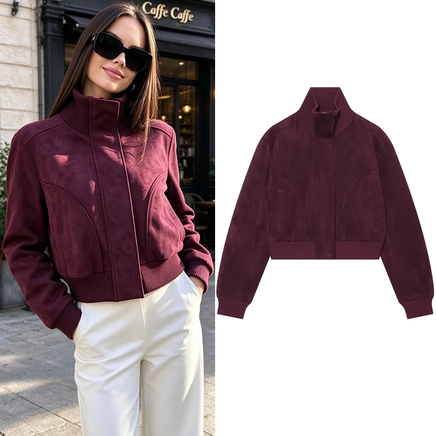 Women Vintage Faux Suede Short Jacket Women Ribbed Stand-Collar Zip-up Jacket 2026 Fall Winter Streetwear Casual Lady Jacket