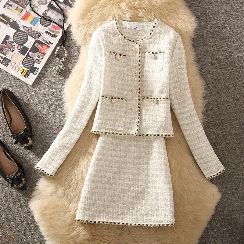 Women Winter Elegant Vintage Tweed Fragrant Suit Jacke Coat Top And Skirt Two Piece Set Outfit Jacquard Formal Party Clothing