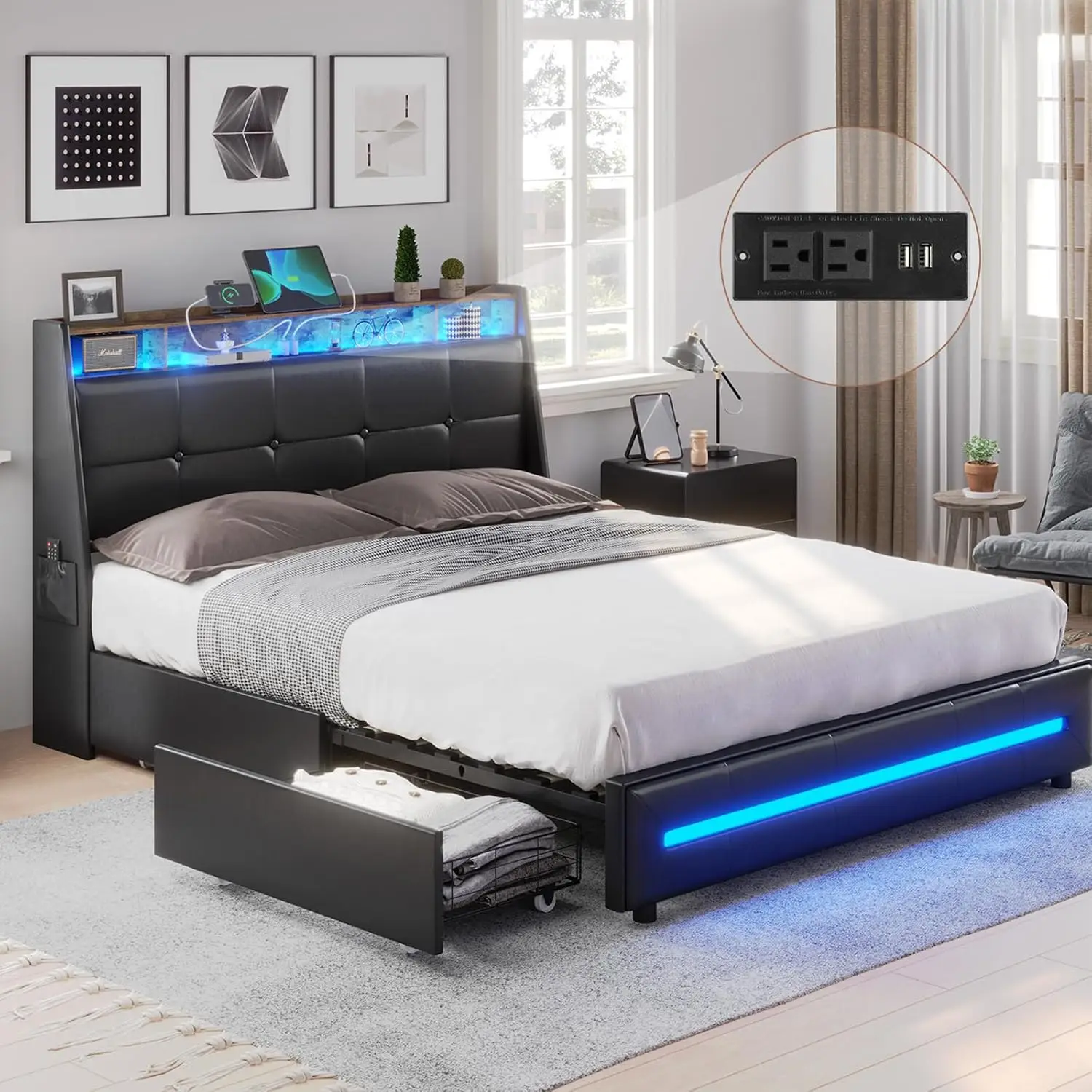 

Bed with Charging Station and Storage Shelves, Upholstered Headboard and Footboard with LED Lights, No Box Spring Needed, Black
