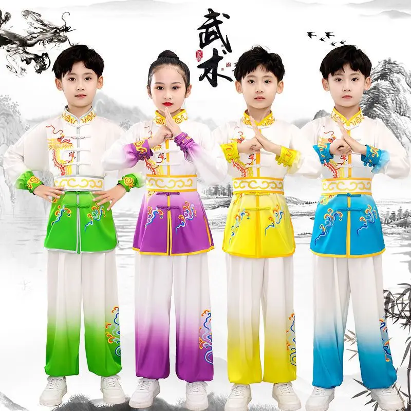 2024 chinese traditional wushu clothing for kids martial arts uniform kung fu suit dragon print stage performance costume set