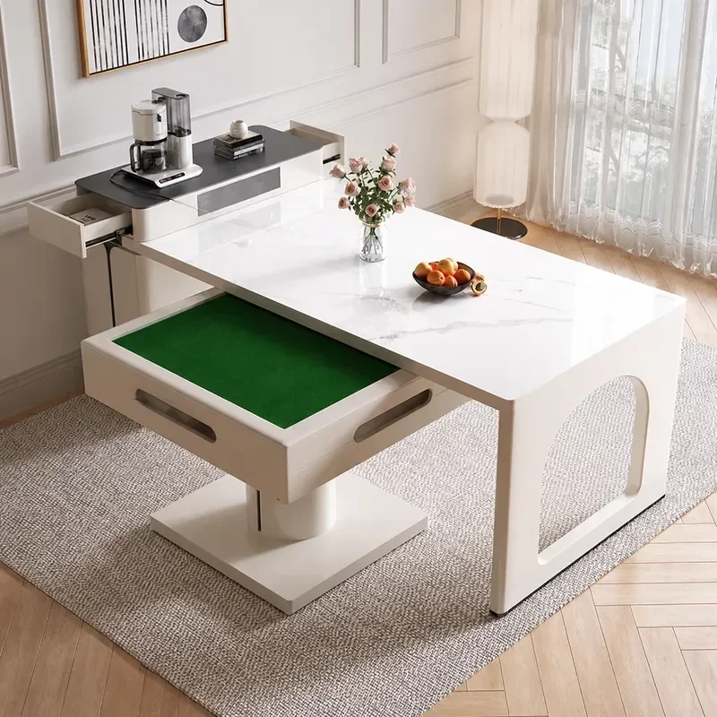 Cream Style Rock Slab Island Table Retractable Mahjong and Tea Table Dual Purpose Automatic Folding Dining Table for Living