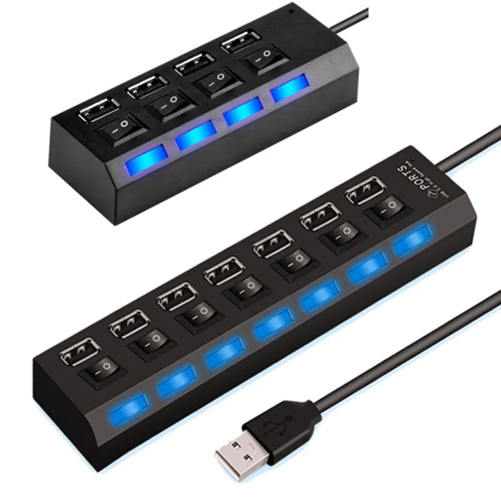 7 Ports USB HUB 2.0 3.0 High Speed USB Splitter Expander Multi-Port Independent Switch for PC Laptop Mac Windows With LED light