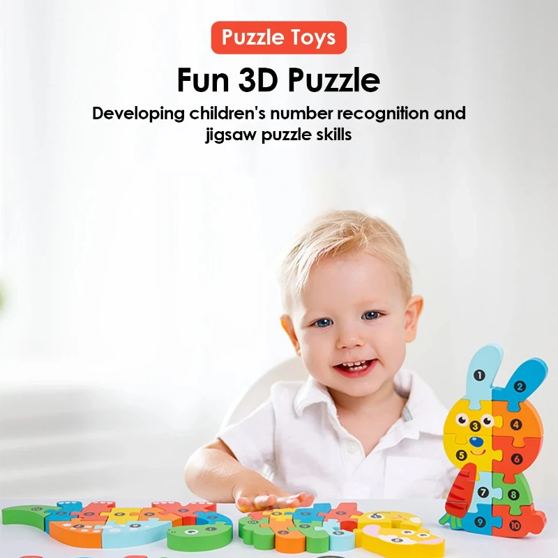 Rompecabezas 3D de madera para niños, rompecabezas educativo de animales de dibujos animados, aprendizaje temprano, inteligencia cognitiva, juguetes