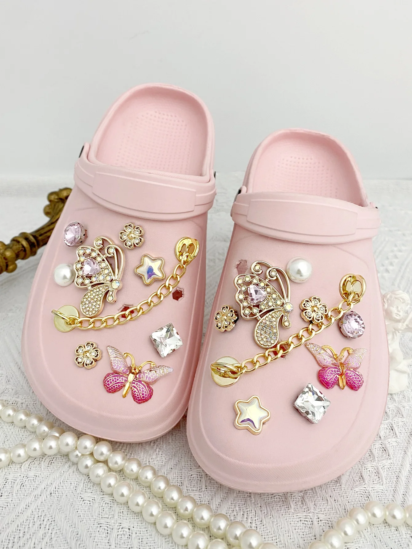 골드 체인 18개, ABS 다이아몬드 나비, 꽃, 별, 핑크 나비, 핑크 ABS 다이아몬드, 화이트 ABS 스퀘어 다이아몬드 슈즈