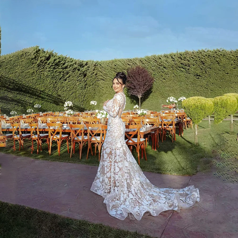 

Exquisite Wedding Dresses Lace Brides Dress with Square Collar Long Sleeve Mermaid Garden Bridal Gown Customized Robe De Mariée