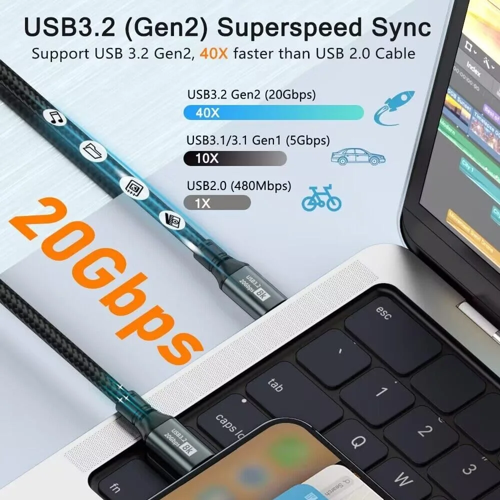 USB C 20Gbps Cable USB 3.2 Gen2 8K 4K USB Type C to Type C Cable For iPhone MacBook Samsung Galaxy Pixel 100W PD Fast Charge