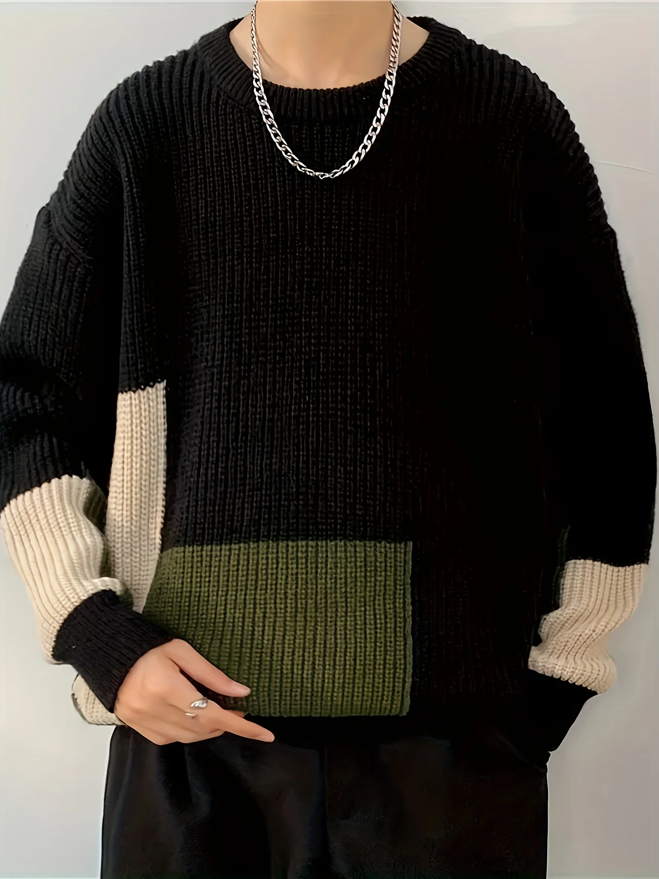 Herbst- und Winter-Retro-verdickter Pullover für Herren, fauler, lässiger, vielseitiger Rundhals-Strickpullover, farbblockierter, stilvoller Basisschichtpullover