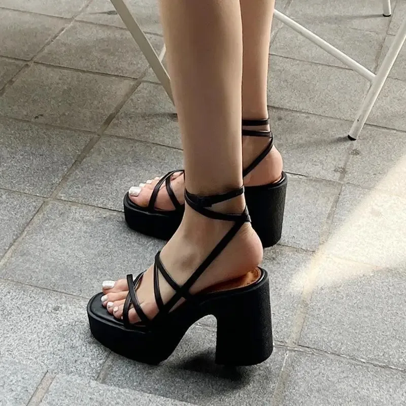 2024 Summer New Thick Heel Sandals Women\'s Thin Strap Waterproof Platform Open Toe High Heels Cross Tie Korean Roman Shoes