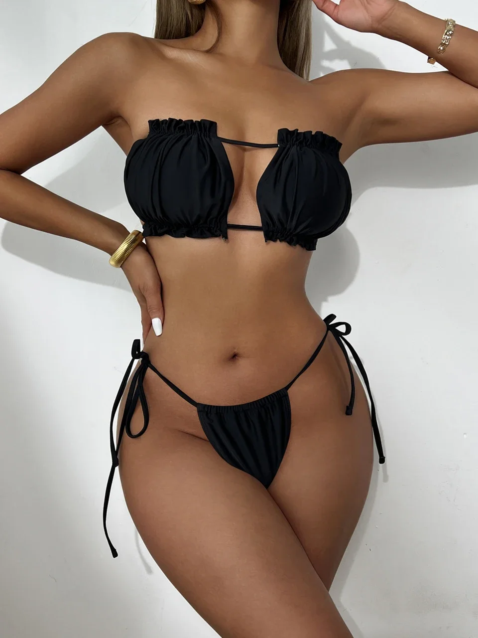 Conjunto de Bikini con Tanga y cordones para mujer, traje de baño Sexy unicolor, ropa de playa para mujer, bañadores 2024