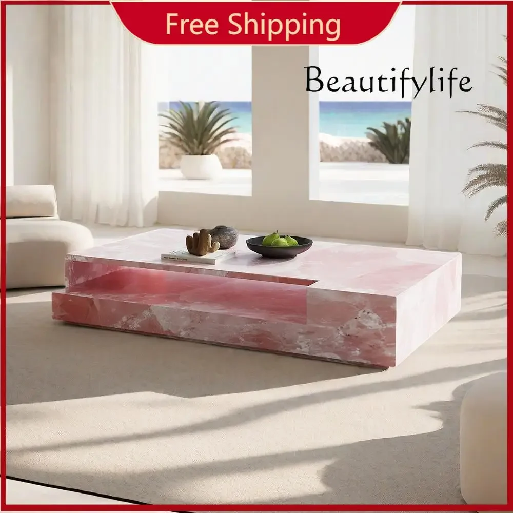 "Pink Jade Marble Coffee Table - Luxury Slate Stone Rectangular Designer Tea Table Custom Living Room Centerpiece"