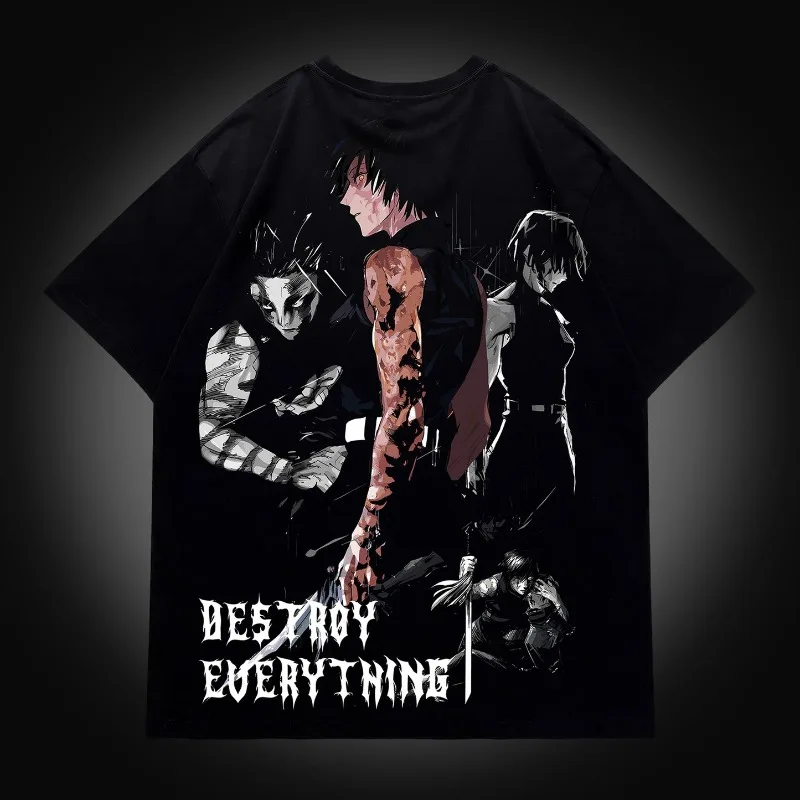 Dark Manga Group Figure Double Sided Print T Shirt,Gothic Text & Sword Graphic Oversized Tee,Unisex Black Streetwear ShortSleeve