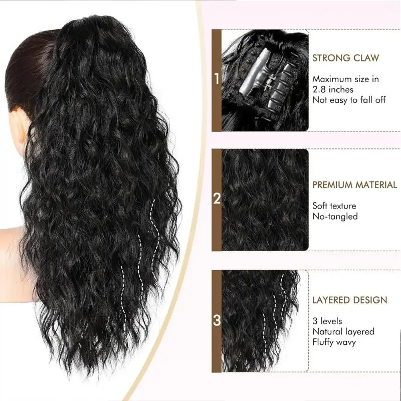 Synthetic Water Wave Long Curly Hair Claw Clip Ponytail Black Blonde Heat Resistant Fiber Fluffy Messy Ponytail Hair Extensions