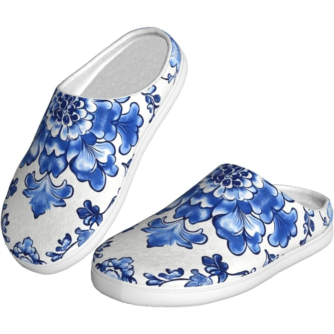 

Blue And White Orcelain Floral Women’s Cozy Slippers Soft Cotton Indoor & Outdoor House Slippers With Anti-Slip Sole