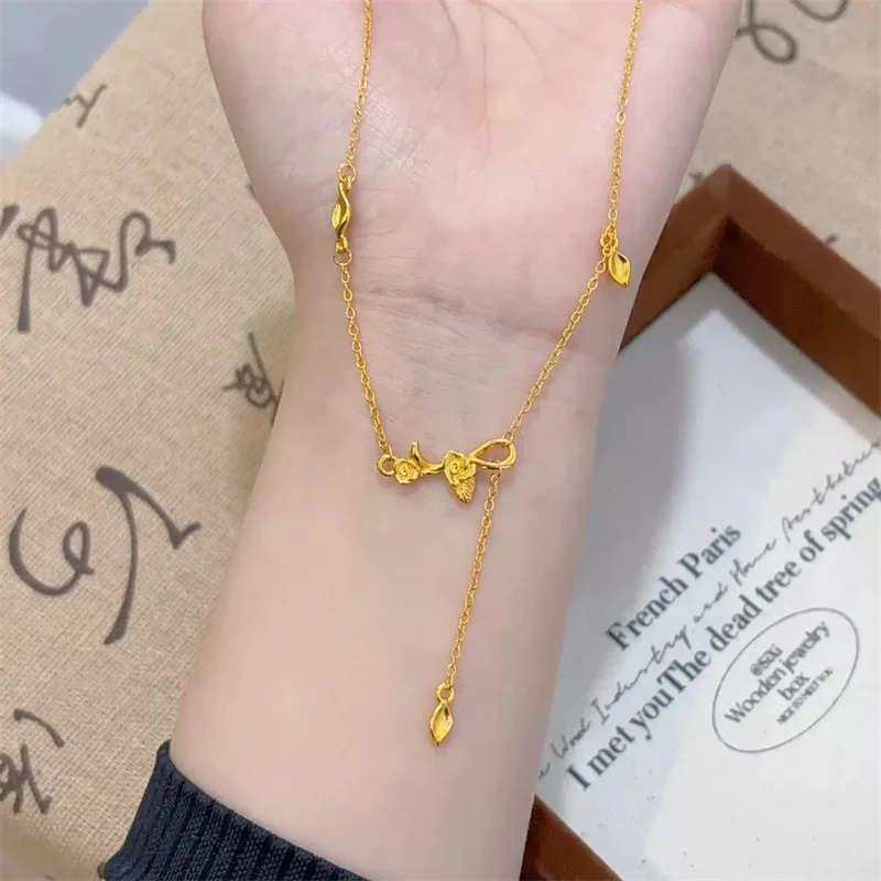 

French Romantic AU750 18K Gold Exquisite Rose Tassel Necklace for Women's High End, Clavicle Chain, Fashion Accessories Gift