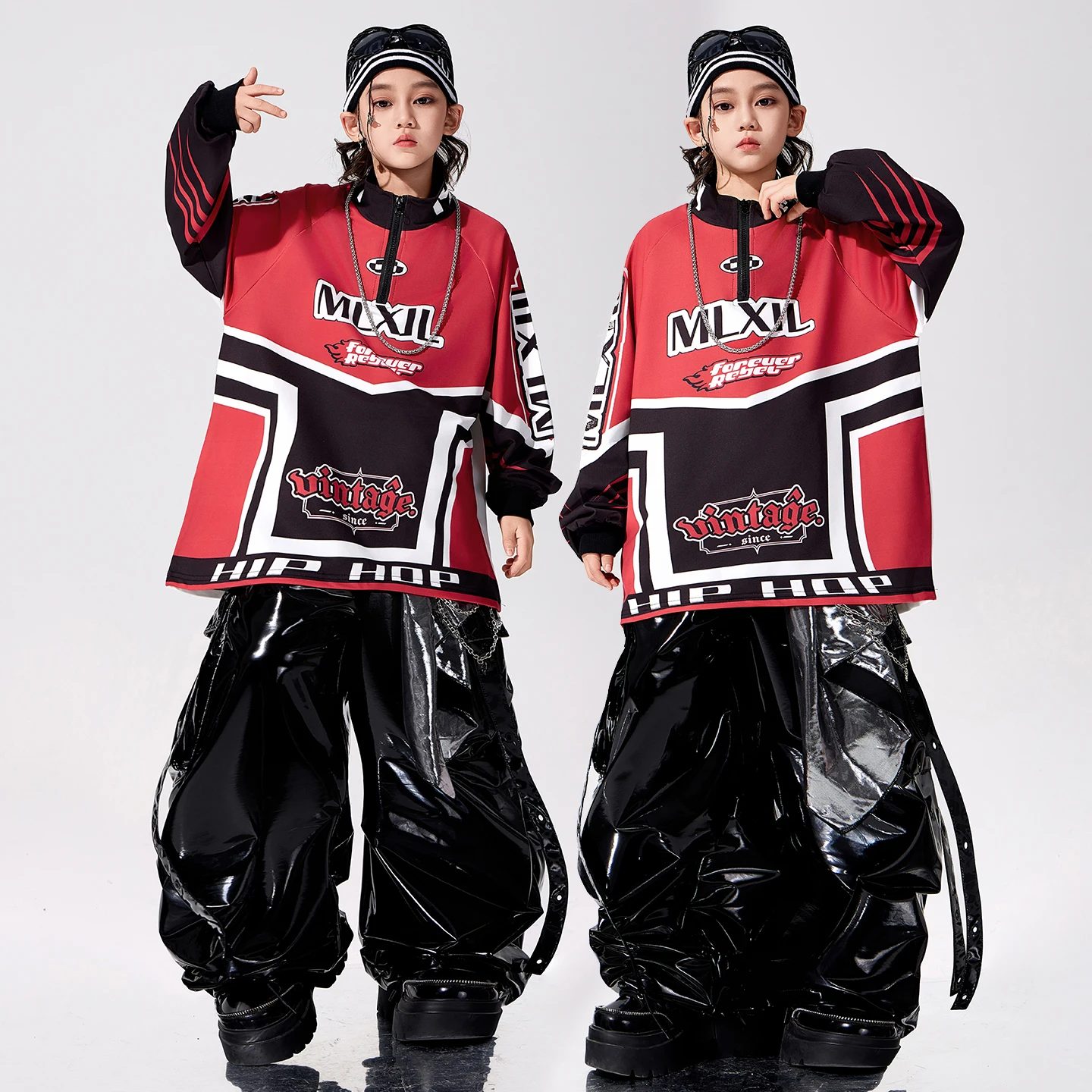 Boys Hip Hop Contrast Sweatshirt PU Leather Cargo Pants Girls K-pop Street Dance Costumes Kids Jazz Clothes Children Streetwear
