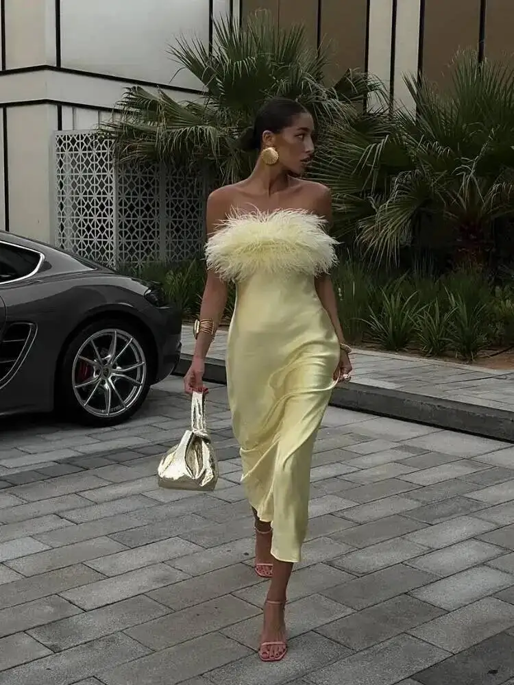 Elegant Satin Feather Strapless Dress Sexy Backless Off Shoulder Slim Fit Long Vestidos For Female Summer Party Street Gown O4Z4