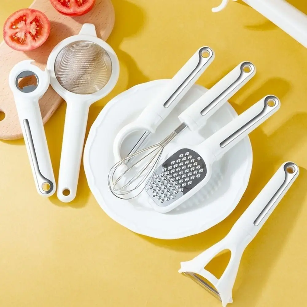 

7 Pieces/Set Stainless Steel Kitchen Gadget Set Household Filter Screen Bottle Opener Space Saving with Storage Rack Grater