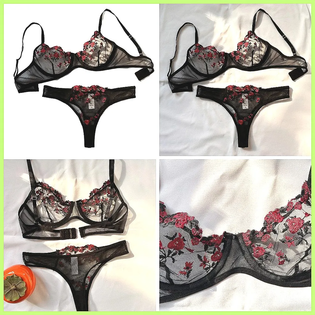 

Sexy Embroidered Bra & Panty Set Push Up Lace Lingerie for Women Exotic Print Bralette