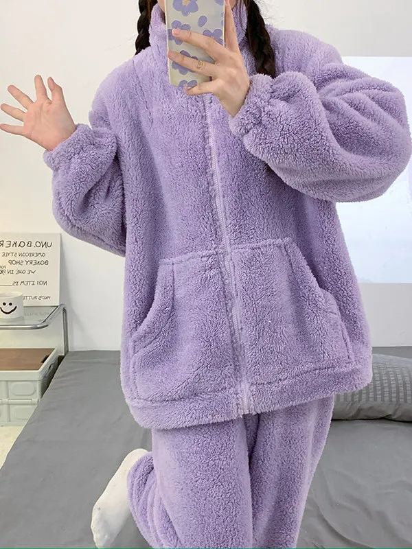 

Women's Coral Fleece Pajamas Thickened Flannel Winter Sleepwear Home Clothes Set Large Size Comfortable Warmth Long Sleeve