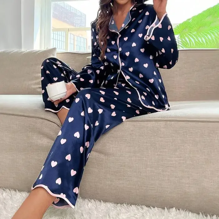 

2025 Spring Women's Silk Satin Pajamas Set Two Pieces set sleepwear Button-Down Pyjamas for Women Heart Printing Pijama Homewear